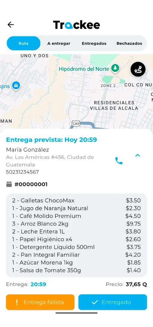 Pantalla de tracking de pedido en trackee con el detalle del pedido